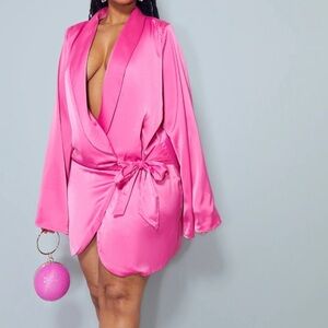 PrettyLittleThing Hot Pink Satin Long Sleeve Extreme Plunge Mini Wrap Dress
